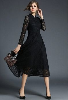 Lace Dresses For Women, Elegant Lace Dress, Vintage Lace Weddings, Long Sleeve Skater Dress, Stand Neck, Dress Sleeve Length, Fashion Design Dress, Lace Dress With Sleeves, Short Lace Dress