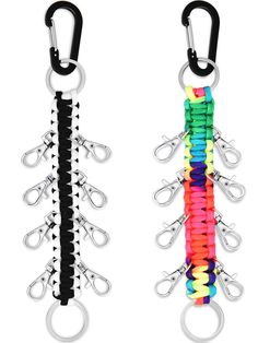 two pairs of multicolored keychains with metal hooks on each one side