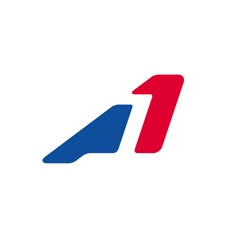 a red, white and blue arrow logo on a white background