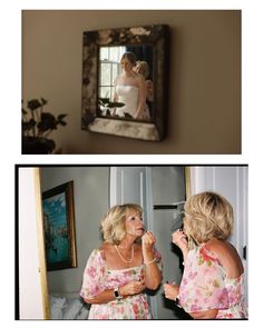 two pictures of a woman brushing her teeth in front of a mirror