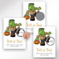 three halloween cards with an image of a man holding a pumpkin and trick or treat