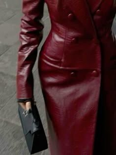 Dark Red Clothes Aesthetic, Dark Red Aesthetic Outfit, Leather Coat, Classy Outfits