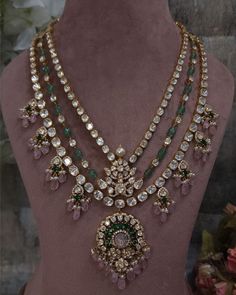 Polki Sets Design Jewellery, Victorian Jewellery Designs, Polki Long Necklace, Polki Diamond Jewellery, Long Diamond Necklace, Polki Diamond Necklace