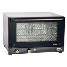 a black and silver toaster oven with the door open on an isolated white background