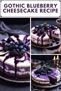 a collage of photos showing different cheesecakes and blueberries on the cake