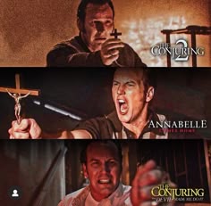 two movie posters with the same character in different scenes, one is holding a cross