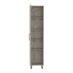 a tall bookcase with two shelves on one side and an open door on the other