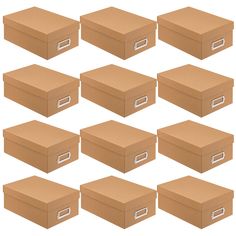 twelve cardboard boxes with handles are lined up