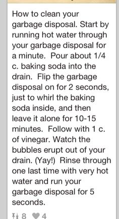 the text reads, how to clean your garage disposal start by running hot water through your garage disposal for a minute