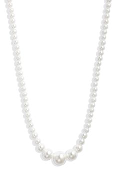 Cultivate a classic look with this timeless necklace strung with a graduated array of faux pearls. 16" length; 3" extender Pearl size: 4mm–10mm 14k-gold layer or platinum layer/faux pearl Imported Timeless Necklace, Pearls Necklace, Faux Pearl Necklace, Pearl Size, White Silver, Classic Looks, Womens Jewelry Necklace, Faux Pearl, Pearl Necklace