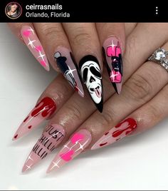 Scary Nails, Horror Nails, Halloween Acrylic Nails, Goth Nails, Designs Nail, Scary Movie, Halloween Nail Designs, Halloween Nail, Halloween Nail Art