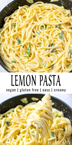 lemon pasta is being cooked in a skillet and then topped with parmesan cheese