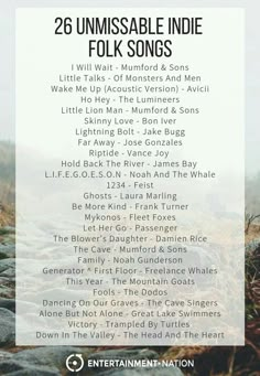 the poster for an upcoming album, featuring various folk songs and their names on it