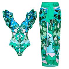 DETAILS Swimsuit and sarong Quick drying with sheen Cold gentle machine wash Fabric:82% polyester 18% spandexLining Fabric:82% polyester 18% spandex Sarong/Skirt Fabric:100% polyester Product ID:ZHYSTT24032901 Green V-neck Beach Sets, Blue Beachwear Party Set, Beachwear Swimming Set Sleeveless, Elegant Green Swimwear For Beach Season, Sleeveless Beachwear Set For Swimming, Elegant Sleeveless Beachwear Sets, Elegant V-neck Beach Set, Printed Beach Sets For Pool Season, Blue Stretch Swimwear Sets For Pool