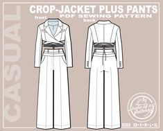 the crop - jacket plus pants sewing pattern is shown in front and back, with an attached