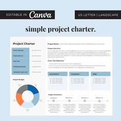 the simple project charter page is shown in blue and orange, as well as an image of