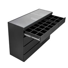 a black drawer with several compartments on it and one drawer open to show the contents