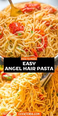 two pictures showing how to make an angel hair pasta dish with noodles and vegetables in it