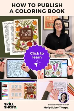 a woman sitting at a table with coloring books on it and the title how to polish a coloring book