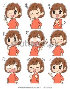 cartoon girl making various gestures with different expressions