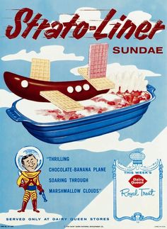 an advertisement for strato - liner sundae with a man in a boat