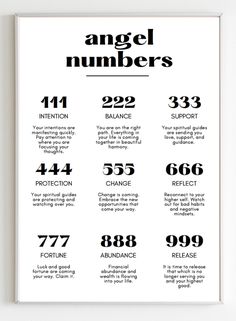 an art print with the words angel numbers in black and white, on a wall