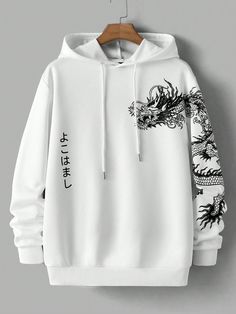 Men's Japanese Dragon Print Knitted Long Sleeve Hoodie White Casual  Long Sleeve Knitted Fabric Letter  Medium Stretch  Men Clothing, size features are:Bust: ,Length: ,Sleeve Length: Cute Fits For Men, Dragon Hoodie Design, Men’s Hoodies, Cool Hoodies Mens, Best Clothes For Men, Hoodie Design Men, Shein Hoodies, Japanese Sweatshirt, Dragon Clothes