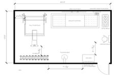 the floor plan for a kitchen with an oven, sink and refrigerator in it's center