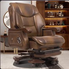 a brown leather reclining chair in front of a bookcase