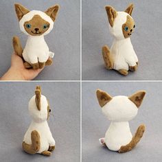 four pictures of a small stuffed animal cat