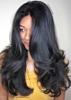 Sleek Black Layered Haircut with Flipped Ends Hairstyles With Long Layers, Layers For Thick Hair, Layered Haircuts For Thick Hair, Flipped Ends, One Length Hair, Layered Thick Hair, Long Layer, Layer Cut, Haircuts For Thick Hair