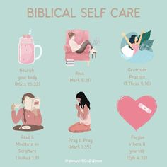 the biblical self care poster is shown with different things to know about it and how they are