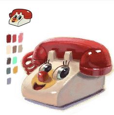 an old fashioned red phone with two eyes