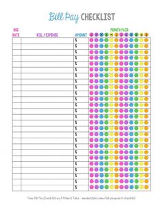 a printable bill pay checklist with colorful dots