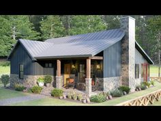 this is an artist's rendering of a small cabin style home in the woods