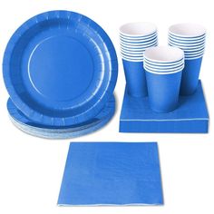 blue paper plates and napkins on a white background