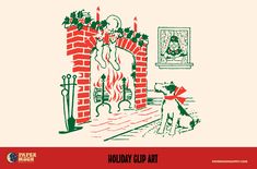 an illustration of a fireplace with stockings hanging from it's mantle and the words holiday clip art