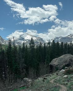 the mountains are covered in snow and trees