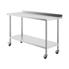 a stainless steel table with wheels on the bottom and an open shelf underneath it, against a white background