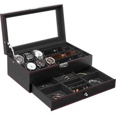 This two-tier case measures 13.1IN*7.8IN*5.1IN(long * wide * high) with a case organization that fits almost all watch sizes, and a spacious second drawer that stores and organizes additional jewelry and other miscellaneous items such as cuffle links, earrings, rings, bracelets, pocket knives or niches. The sunglasses organizer realizes the desire of large capacity and multi-category storage, and facilitates the storage of various accessories. Latitude Run® | Latitude Run® Watch Box Organizer, 6 Sunglasses Organizer, Lid Organizer, Watch Holder, Miscellaneous Items, Box Organizer, Pocket Knives, Rings Bracelets, Earrings Rings, Watch Box