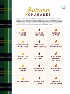 an autumn chart with the words and symbols in gold on green, black and white plaid