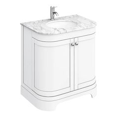 a white bathroom vanity with a marble top and sink in front of a white background