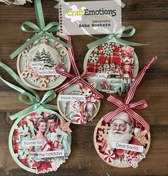 three christmas ornaments are hanging on a wooden table with ribbons and tags attached to them