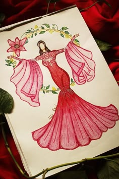 a drawing of a woman in a red dress with flowers on her head and long sleeves