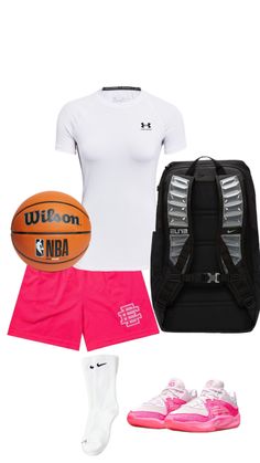 a white shirt and pink shorts are next to a backpack, basketball ball, and socks