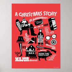 a christmas story poster on a red background with black and white images in the middle