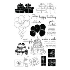 a birthday card with balloons, presents and gifts in black and white on the front