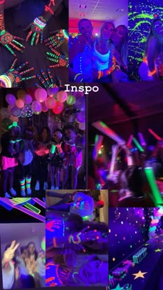 many different images of people dancing and having fun in the dark with neon lights on them