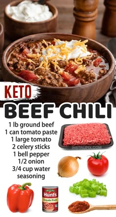 an advertisement for keto beef chili with ingredients