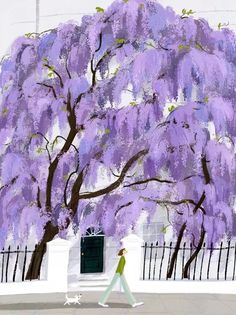 a painting of a woman walking down the street in front of a large purple tree